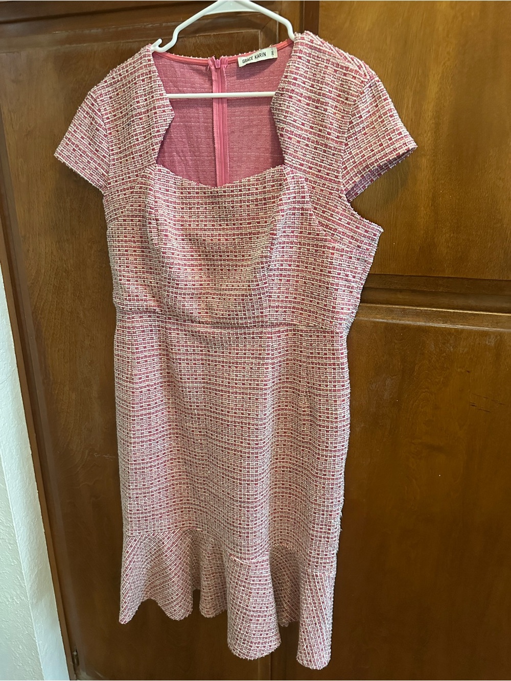 Grace Karin 2XL Pink Ivory Tweed Bouclé Fit & Flare Square Neck Dress